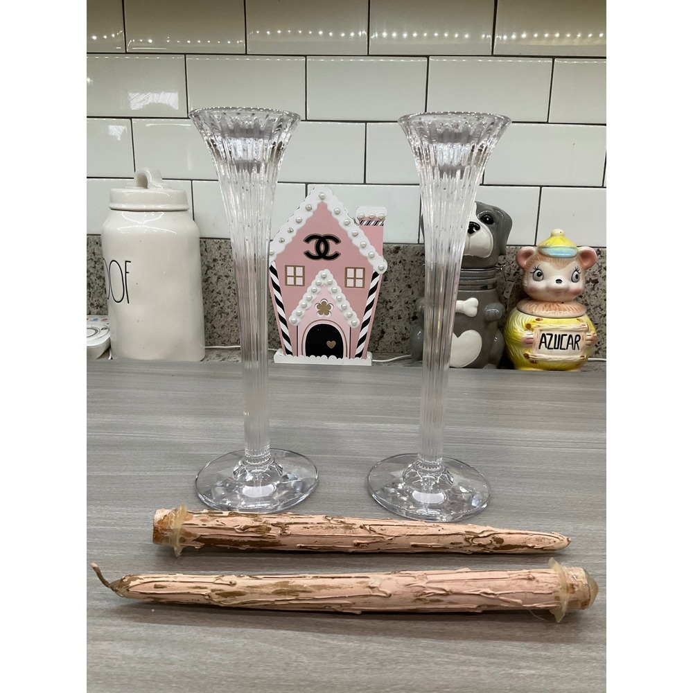 PAIR OF MARQUIS BY WATERFORD CORINTH 10" RIBBED CRYSTAL CANDLE HOLDERS